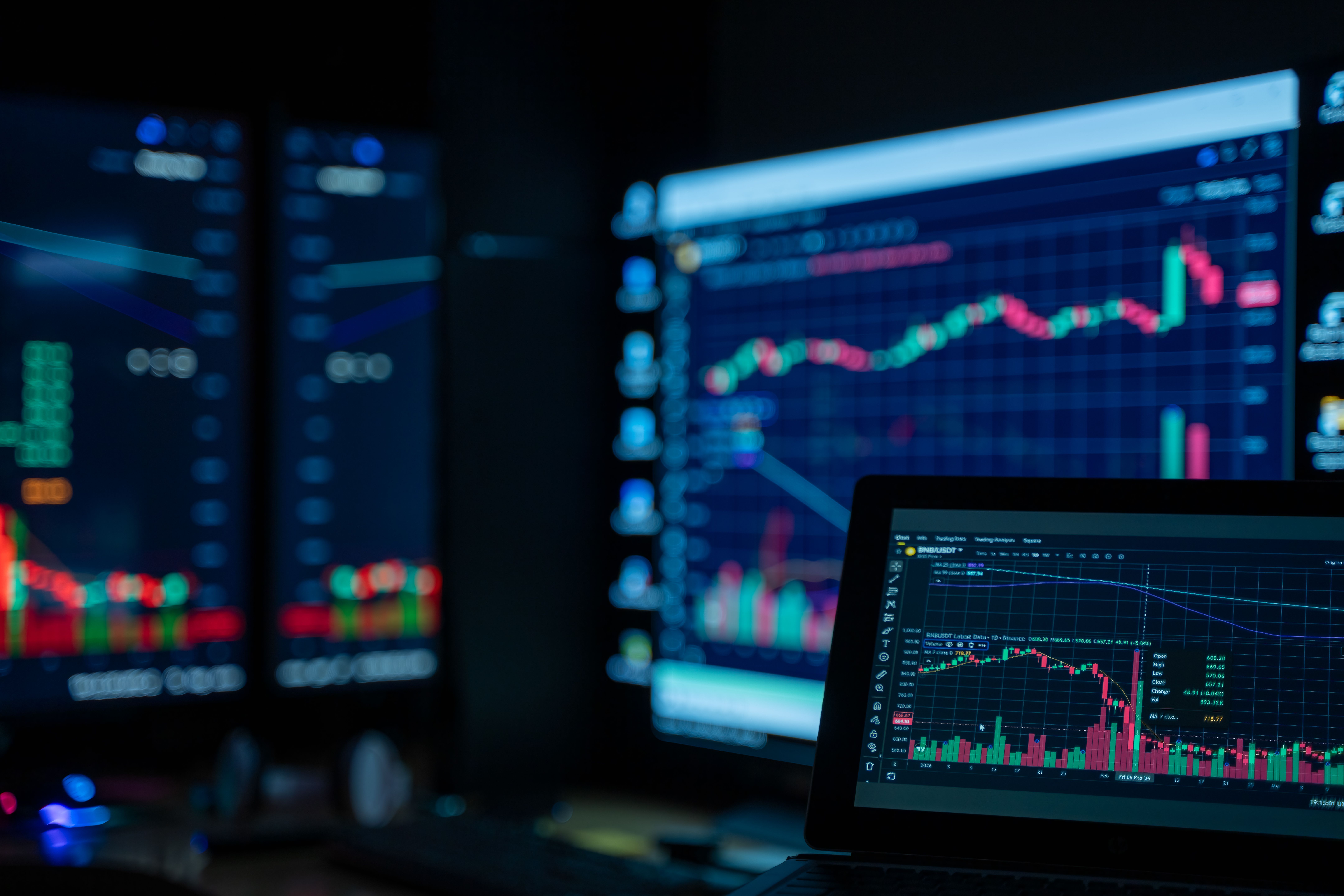 Multiple monitors displaying live market charts